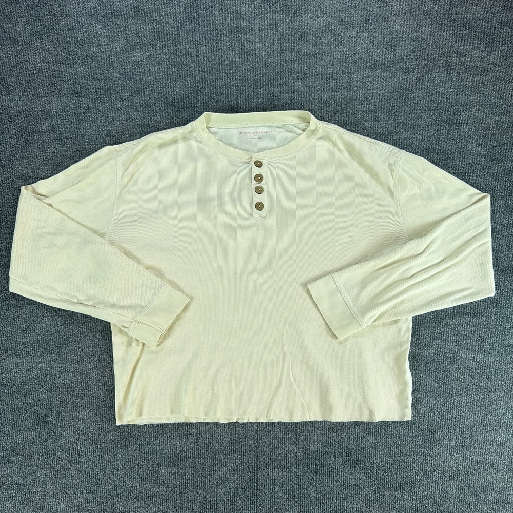 Burt's Bees Baby Cream Ribbed Henley Long Sleeve Cropped Womens Medium Raw Hem